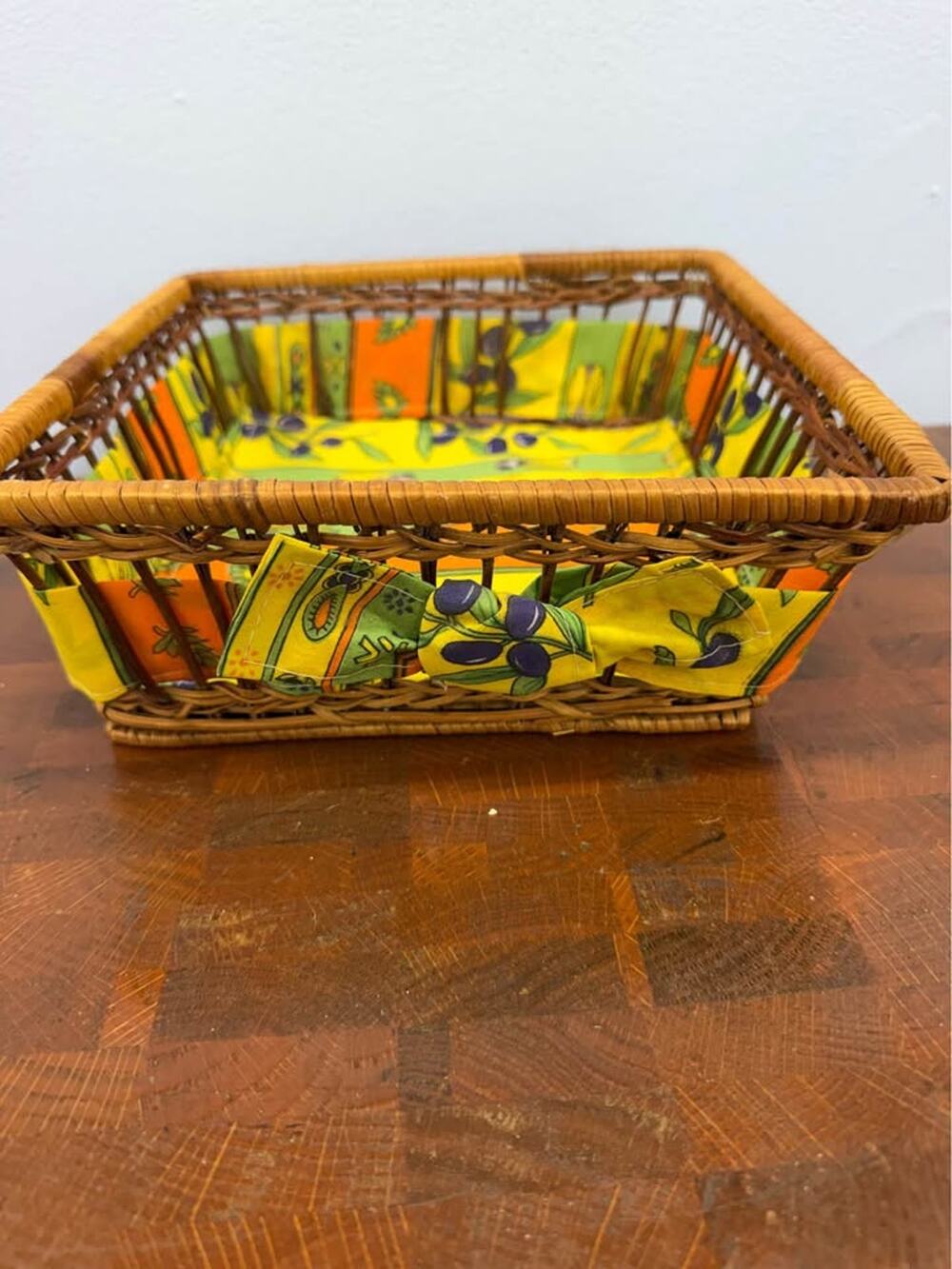 Vintage Woven Wicker Basket Lined with Colorful Fabric with Olive Motif